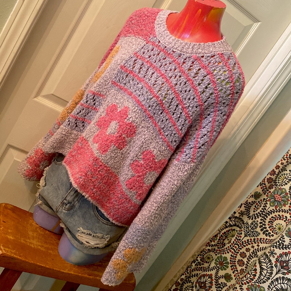 Moon & Madison Artistic Floral Kawaii Cute Purple, Pink, & Orange Sweater - Picture 4 of 14